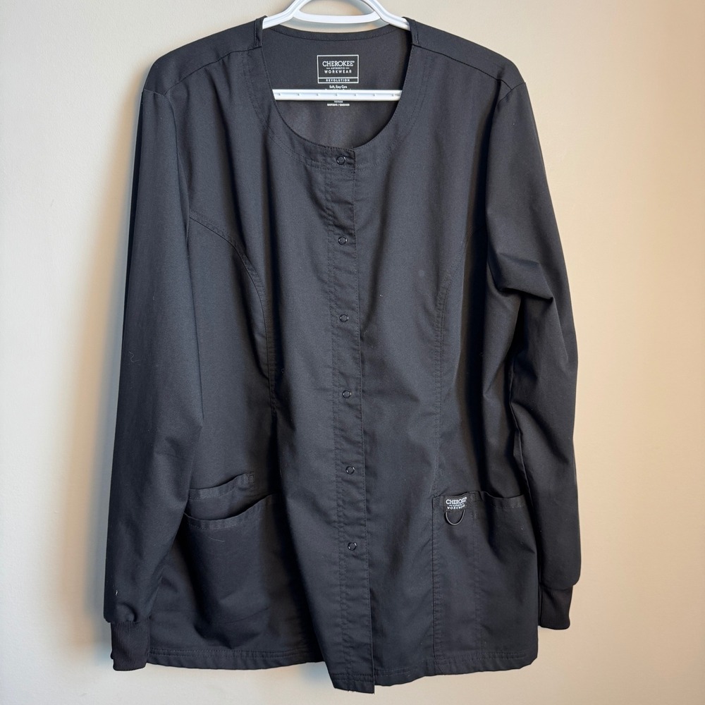 Cherokee Workwear Revolution Womens Snap Front‎ Scrub Jacket Black XL Utility